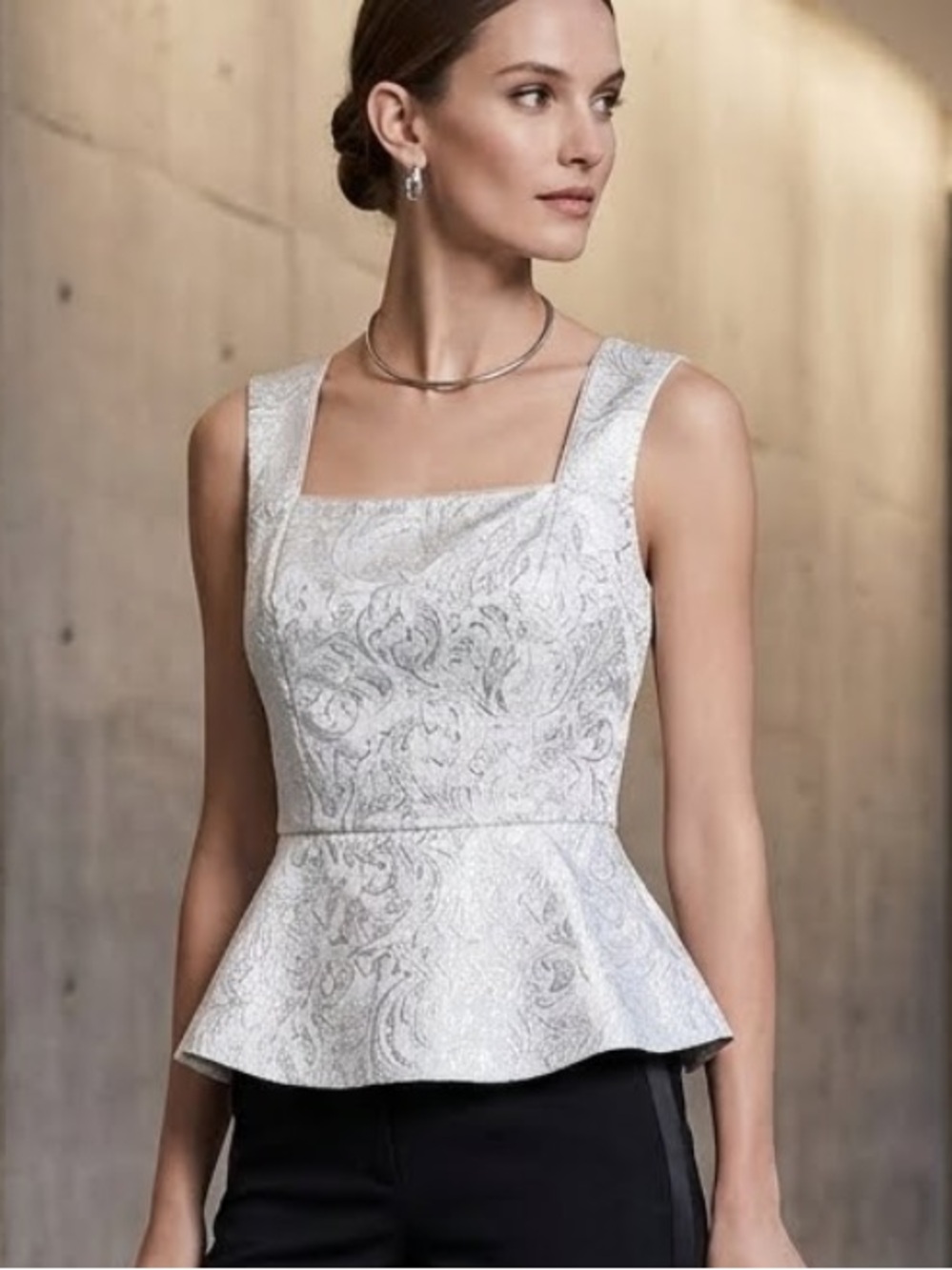 White House Black Market Jacquard Peplum Top Cocktail Wedding-Guest Glam Size 10